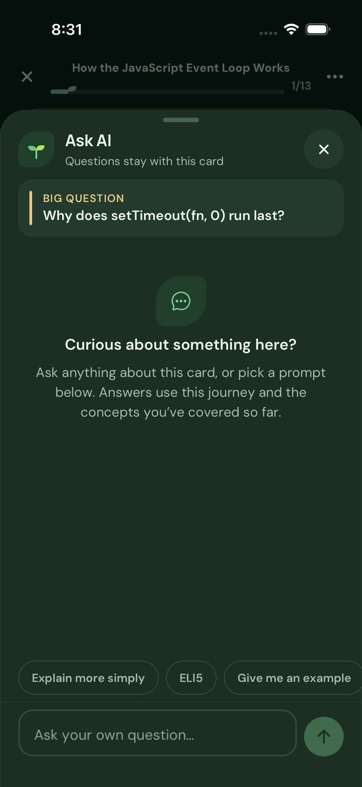 The Ask AI sheet attached to a learning card, with suggested prompts such as Explain more simply, ELI5 and Give me an example.