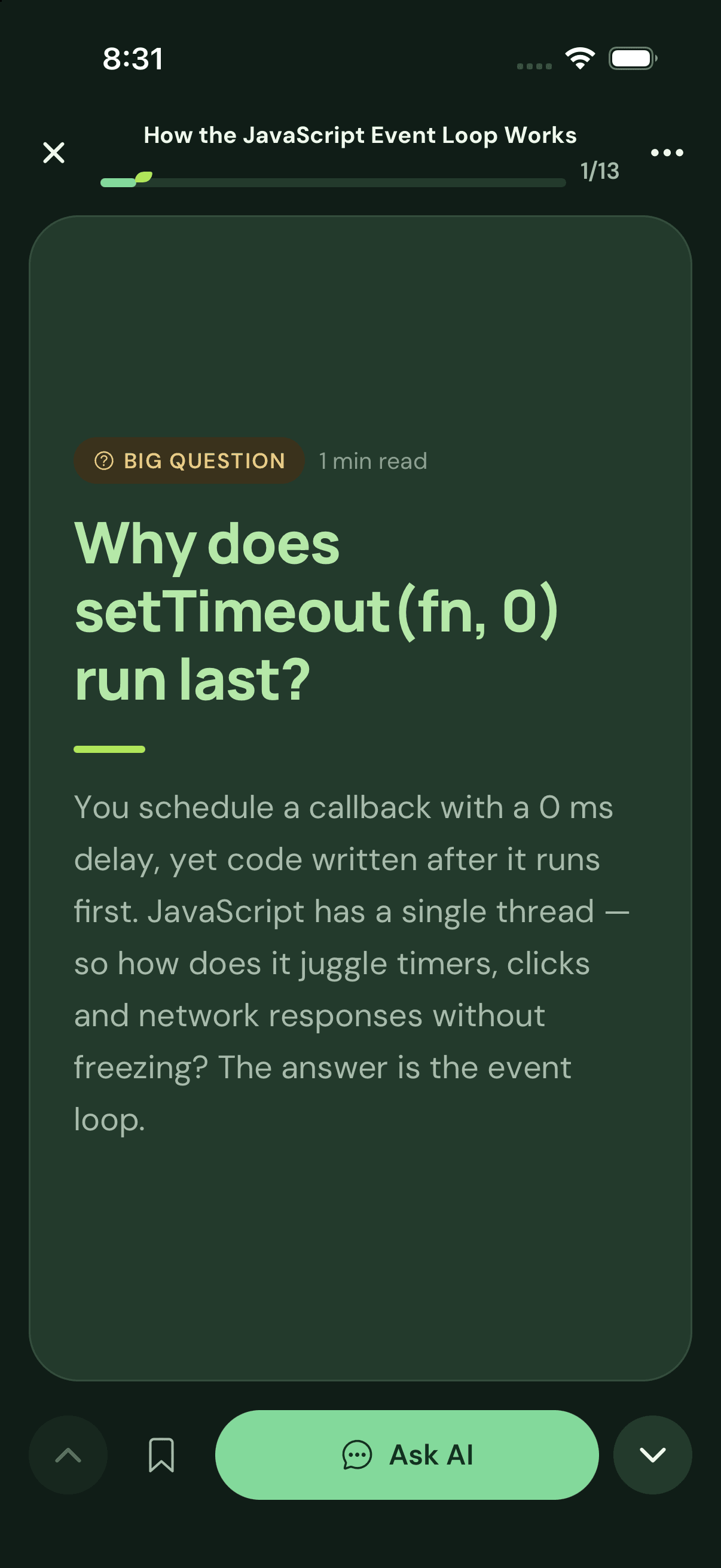A ScrollSprout learning card labelled Big question asking “Why does setTimeout(fn, 0) run last?”, with an Ask AI button below.