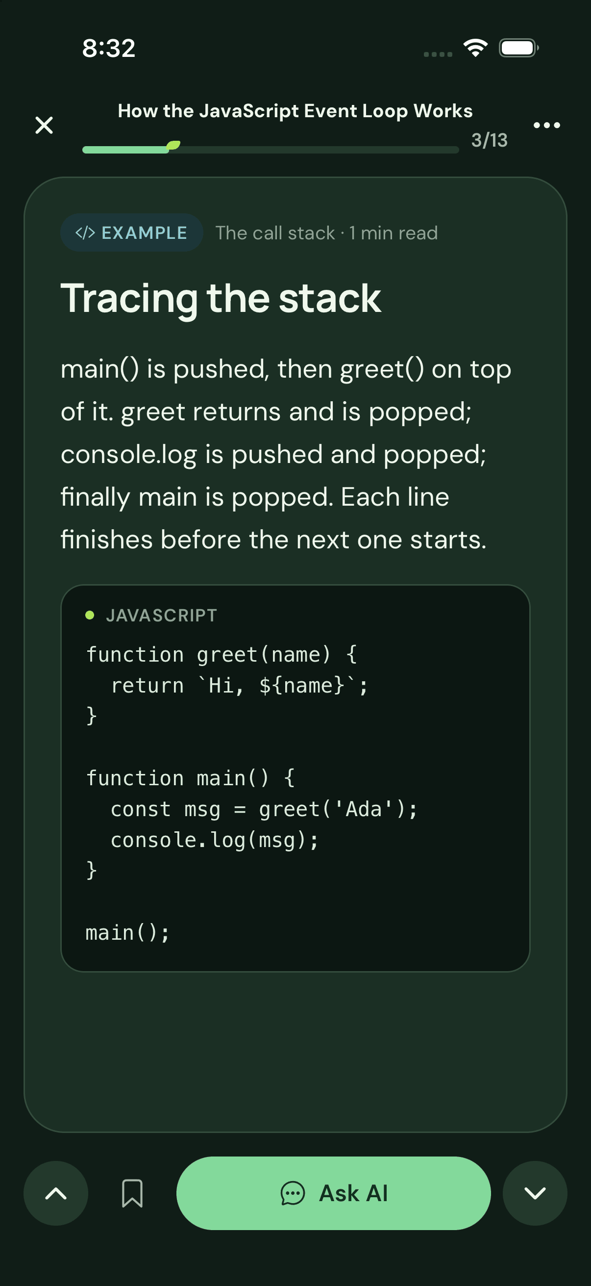 A ScrollSprout Example card titled “Tracing the stack”, explaining a short JavaScript code sample line by line.